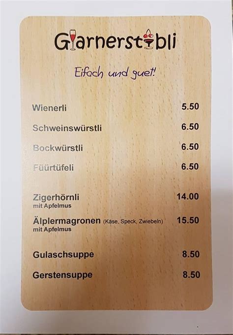 Menu at Glarnerstübli, Glarus